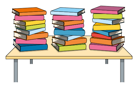 Ilustração de uma mesa com 3 pilhas de livros e 8 livros em cada uma delas.