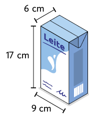 Ilustração de uma caixa de leite com formato de paralelepípedo retângulo e dimensões: largura 6 centímetros, altura 17 centímetros, comprimento 9 centímetros.
