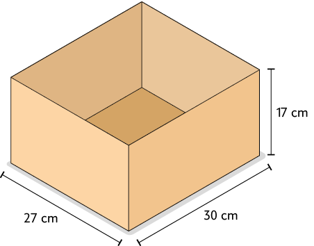 Ilustração de um recipiente vazio com formato de paralelepípedo retângulo com as dimensões: comprimento 27 centímetros, largura 30 centímetros, altura 17 centímetros.