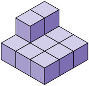 Ilustração de uma pilha de cubos composta por 9 cubos iguais lado a lado, formando 3 linhas e 3 colunas. Há mais dois cubos, lado a lado, em cima de dois desses citados anteriormente.