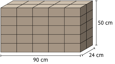Ilustração de uma pilha de blocos de pedra, em formato de paralelepípedo reto retângulo, com as dimensões: 90 centímetros de comprimento, 24 centímetros de largura, 50 centímetros de altura.