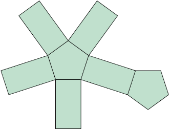 Ilustração de uma figura plana composta por um pentágono no centro e cinco retângulos ao redor, cada um encostado em um dos lados do pentágono.  Em um desses retângulos também há outro pentágono alinhado com o lado oposto ao que está o pentágono central.