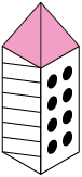 Ilustração de uma torre feita de papel, em perspectiva em que dois lados são aparentes. O lado aparente da esquerda possui riscos diagonais e o da direita possui bolinhas pintadas. A parte superior da torre tem o formado de pirâmide de base quadrada com as faces triangulares coloridas de rosa.