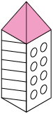 Ilustração de uma torre feita de papel, em perspectiva em que dois lados são aparentes. O lado aparente da esquerda possui riscos diagonais e o da direita possui bolinhas em branco. A parte superior da torre tem o formado de pirâmide de base quadrada com as faces triangulares coloridas de rosa.