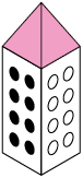 Ilustração de uma torre feita de papel, em perspectiva em que dois lados são aparentes. O lado aparente da esquerda possui bolinhas pintadas e o da direita possui bolinhas em branco. A parte superior da torre tem o formado de pirâmide de base quadrada com as faces triangulares coloridas de rosa.