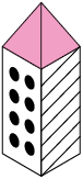 Ilustração de uma torre feita de papel, em perspectiva em que dois lados são aparentes. O lado aparente da esquerda possui bolinhas pintadas e o da direita possui riscos diagonais. A parte superior da torre tem o formado de pirâmide de base quadrada com as faces triangulares coloridas de rosa.