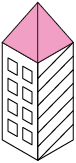 Ilustração de uma torre feita de papel, em perspectiva em que dois lados são aparentes. O lado aparente da esquerda possui quadrados desenhados e o da direita possui riscos diagonais. A parte superior da torre tem o formado de pirâmide de base quadrada com as faces triangulares coloridas de rosa.