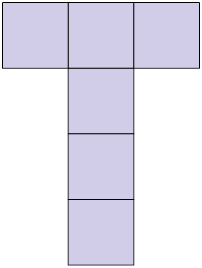 Ilustração de uma figura plana composta por 3 quadrados, um ao lado do outro, na horizontal. Abaixo do quadrado do meio há mais três quadrados, um abaixo do outro.