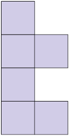 Ilustração de uma figura plana composta por 4 quadrados, um abaixo do outro na vertical e, no segundo e no quarto, de cima para baixo, há outro quadrado na direita deles.