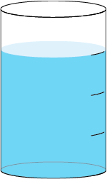 Ilustração de um recipiente graduado com 4 graduações indicadas por traços. Ele está preenchido por líquido até a terceira graduação. 