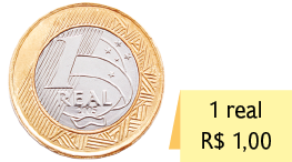 Fotografia de uma moeda de 1 real na face coroa. Ao lado, há uma placa com a indicação: '1 real; R$ 1 vírgula 0 0'.
