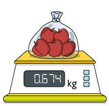 Ilustração de uma balança digital com um saco transparente sobre ela, com maçãs dentro. No visor de quilograma: 0,674.