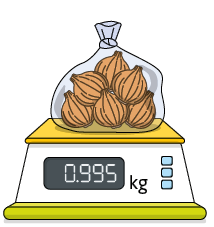 Ilustração de uma balança digital com um saco transparente sobre ela, com alho dentro. No visor de quilograma 0,995.