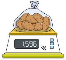 Ilustração de uma balança digital com um saco transparente sobre ela, com batatas dentro. No visor de quilograma 1,596.