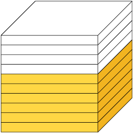 Ilustração de um cubo dividido em 10 partes iguais, com 6 partes coloridas de amarelo.