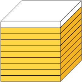 Ilustração de um cubo dividido em 10 partes iguais, com 9 partes pintadas de amarelo.