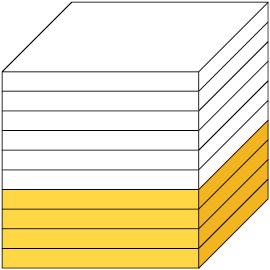 Ilustração de um cubo dividido em 10 partes iguais, com 4 partes pintadas de amarelo.