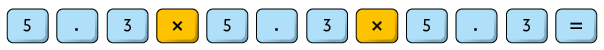 Ilustração representando teclas de uma calculadora. As teclas representadas são: 5, ponto, 3, vezes, 5, ponto, 3, vezes, 5, ponto, 3, igual.