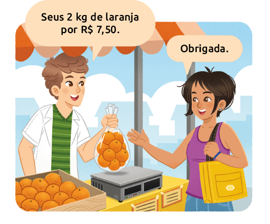 Ilustração de duas pessoas conversando: um feirante e uma mulher. O feirante entrega para a mulher um saco de laranjas e diz: 'Seus dois quilogramas de laranja por 7 reais e 50 centavos'. A mulher diz: 'Obrigada.'.