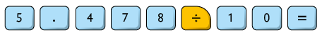 Ilustração representando teclas de uma calculadora. As teclas representadas são: 5, ponto, 4, 7, 8, dividido, 1, 0, igual.