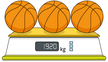 Ilustração de uma balança digital com três bolas de basquetebol sobre ela. No visor de quilograma: 1 ponto 920.