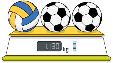 Ilustração de uma balança digital com três bolas sobre ela: uma de voleibol e duas de futebol. No visor de quilograma: 1 ponto 130.