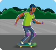 Ilustração de um menino em cima de um skate, com todas as rodinhas rentes ao chão.