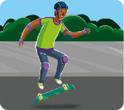 Ilustração de um menino fazendo manobra com skate. Ele está pulando, enquanto o skate também está no ar, com as rodas viradas para cima.