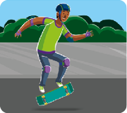 Ilustração de um menino fazendo manobra com skate. Ele está pulando, enquanto o skate também está no ar, com as rodas viradas para o lado.
