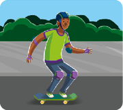 Ilustração de um menino em cima de um skate, com todas as rodinhas rentes ao chão.