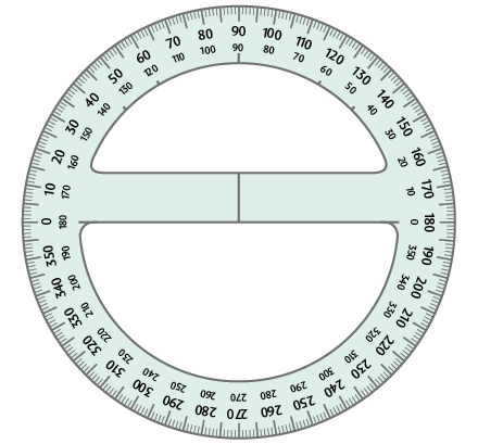 Ilustração de um transferidor circular, de volta inteira, com seus 360 graus demarcados.