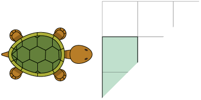Ilustração, vista de cima, de uma tartaruga e, a sua frente, um pedaço de uma malha quadriculada, com alguns quadradinhos pintados.