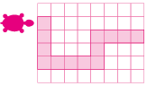 Ilustração de uma tartaruga em frente a uma malha quadriculada, na qual está representado um caminho formado por quadradinhos pintados de rosa. O caminho é: Começando pelo quadradinho em frente da tartaruga, o caminho segue por 3 quadradinhos para a direita, 4 quadradinhos para a esquerda, 2 para a esquerda, 3 para a direita.