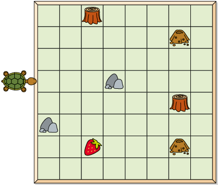 Ilustração, vista de cima, de uma tartaruga diante de um tabuleiro com 8 linhas e 8 colunas. A tartaruga está de frente para a quarta linha, do lado esquerdo do tabuleiro. Da esquerda para a direita e de cima para baixo, há pedras no quarto quadradinho da quarta linha, primeiro quadradinho da sexta linha, há formigueiros no sétimo quadradinho da segunda linha, no sétimo quadradinho da sétima linha. Há troncos no terceiro quadradinho da primeira linha e no sétimo quadradinho da quinta linha e há um morango no terceiro quadradinho da sétima linha.