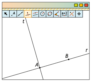 Ilustração de uma página de computador com o software Geogebra. Há vários botões de ferramentas e um com o desenho de duas retas perpendiculares está selecionado. Ainda na aba, estão desenhadas duas retas, t e r, perpendiculares e que tem o ponto A em comum. A reta r ainda tem o ponto B.