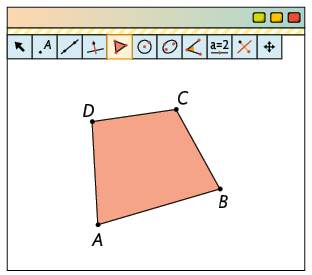 Ilustração da tela de um software com diversos ícones de ferramentas, com ícone de polígono, selecionado. Há um quadrilátero com vértices A, B, C, D. 