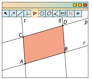 Ilustração da tela de um software com diversos ícones de ferramentas, com ícone de polígono, selecionado. Há uma reta t, paralela à reta q, que cruza com a reta p no ponto C e que cruza com a reta r no ponto A. As retas p e r também são paralelas. As retas q e r se cruzam no ponto B e as retas p e q se cruzam no ponto D. Com essas retas forma-se um quadrilátero de vértices C A B D, no qual a sua região interna está destacada. 