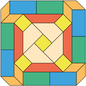 Ilustração de um mosaico colorido, formado só por quadriláteros de diferentes formas e tamanhos.