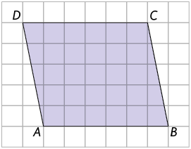 Ilustração de malha quadriculada com um quadrilátero A B C D formado por 2 pares de lados paralelos.