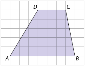 Ilustração de malha quadriculada com um quadrilátero A B C D formado por 1 par de lados paralelos.