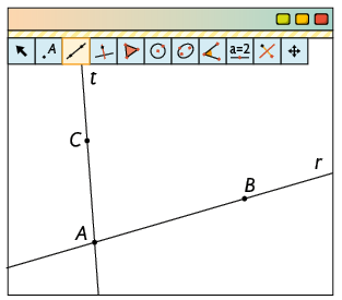 Ilustração da tela de um software com diversos ícones de ferramentas, com ícone de reta, selecionado. Há uma reta t passando pelos pontos A e C, e há também uma reta r, que cruza com a reta t no ponto A passando pelo ponto B.