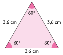 Ilustração de um triângulo com medidas de comprimento todas iguais a '3,6 centímetros'. Os ângulos internos estão destacados: 60 graus. 