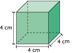 Ilustração de um cubo com medida de comprimento de cada uma de suas faces, iguais a '4 centímetros'.