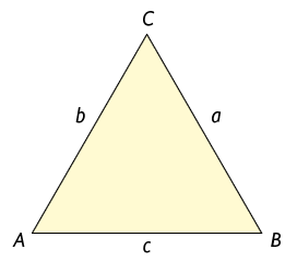 Ilustração de um triângulo A B C. A medida de comprimento de seus lados são iguais. A medida de comprimento do lado A C é b; do lado A B é c e do lado B C é a. 