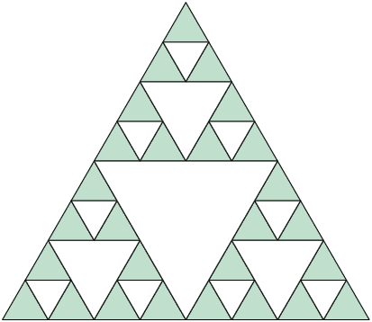 Ilustração de um triângulo equilátero com vários outros triângulos na sua região interna. No centro, há um triângulo grande com seus vértices na metade de cada um dos lados do triângulo maior, que divide-o em 4 triângulos de mesmo tamanho. Em 3 desses, há novamente a divisão do triângulo em 4 triângulos menores, formados a partir da metade de cada um dos lados do triângulo e novamente  há a divisão do triângulo em 4 triângulos menores.