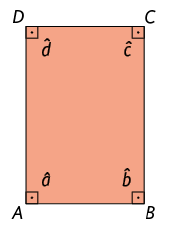 Ilustração de um quadrilátero A B C D, com todos os ângulos internos medindo 90 graus. Os ângulos internos estão indicados: ângulo a referente ao vértice A, ângulo b referente ao vértice B, ângulo c referente ao vértice C e ângulo d referente ao vértice D.