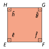Ilustração de um quadrilátero E F G H, cuja medida do comprimento de seus lados são iguais e com todos os ângulos internos medindo 90 graus: ângulo e referente ao vértice E, ângulo f referente ao vértice F, ângulo g referente ao vértice G e ângulo h referente ao vértice H.