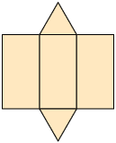 Ilustração de uma planificação composta por dois triângulos e três retângulos, que estão lado a lado e alinhados. Os dois triângulos estão nos lados opostos do retângulo central.