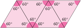 Ilustração de 4 triângulos equiláteros alinhados, com um lado comum entre eles. Há a indicação de todos os seus ângulos internos com medida 60 graus.