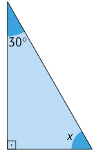 Ilustração de um triângulo retângulo com os três ângulos internos destacados: 30 graus, 90 graus e x.